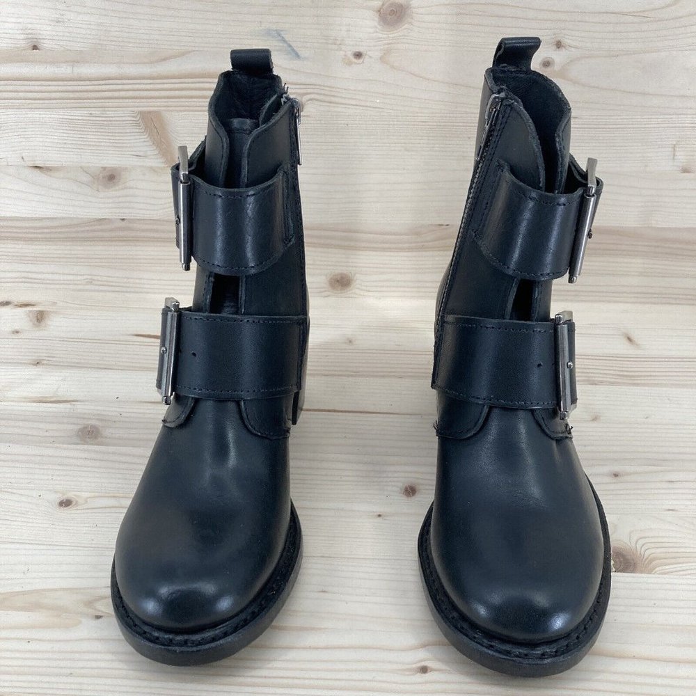 Frye Sabrina Double Buckle Black Leather Zipper Stacked Heels Mid Calf Boot 6M - Picture 4 of 16